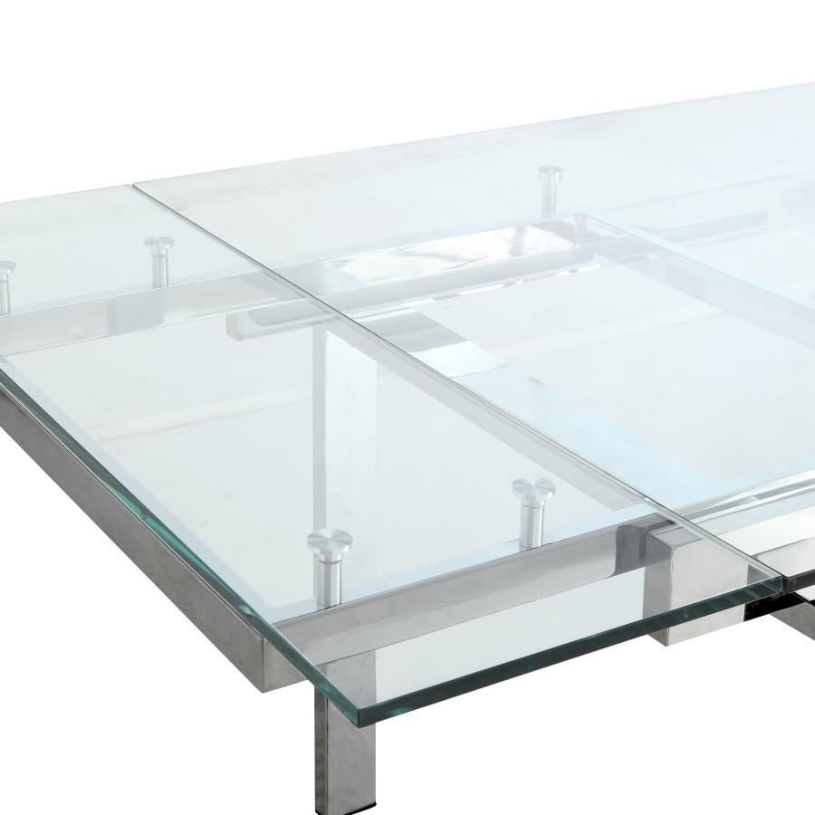 CoasterEssence Wexford Glass Top Dining Table With Extension Leaves Chrome