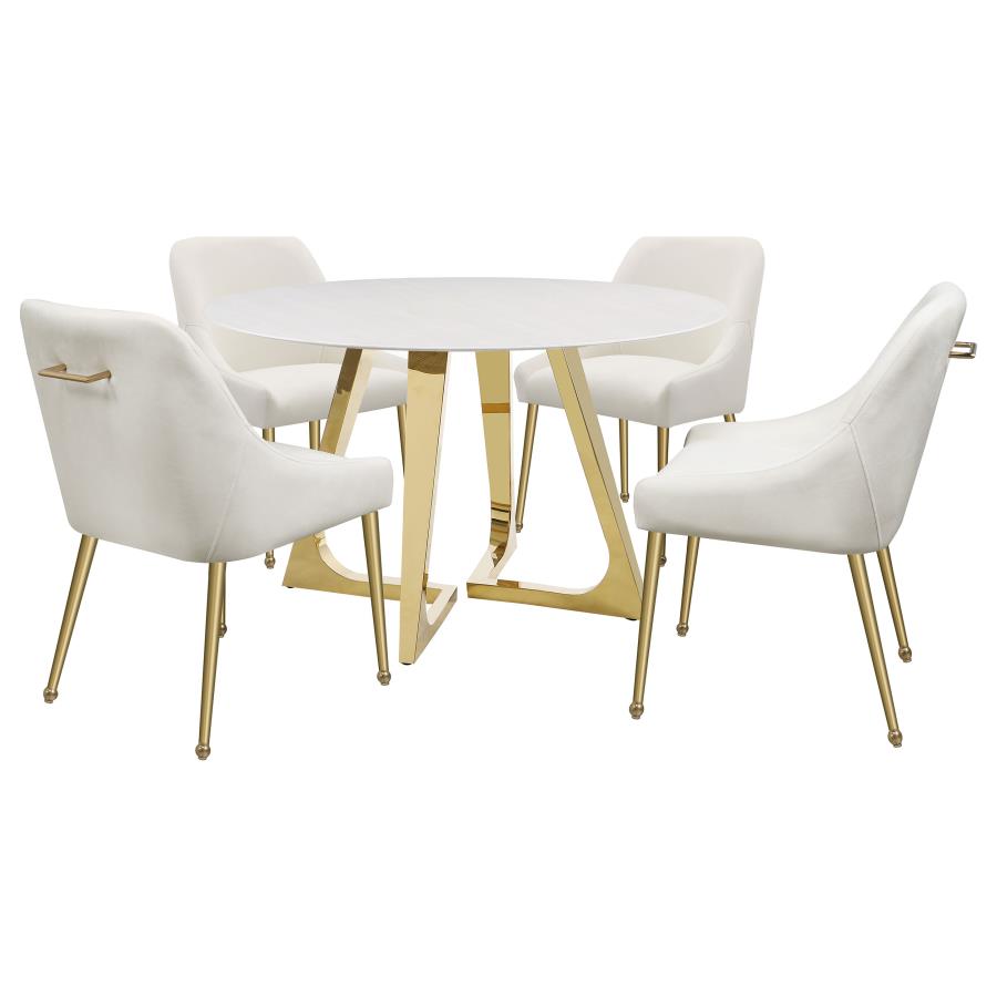 CoasterElevations Gwynn Round Dining Table With Marble Top And Stainless Steel Base White And Gold