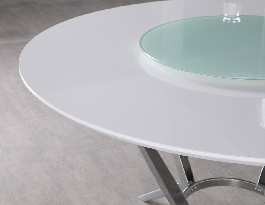 CoasterElevations Abby Round Dining Table With Lazy Susan White And Chrome