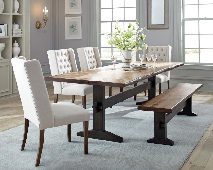 CoasterEssence Bexley Live Edge Trestle Dining Table Natural Honey And Espresso