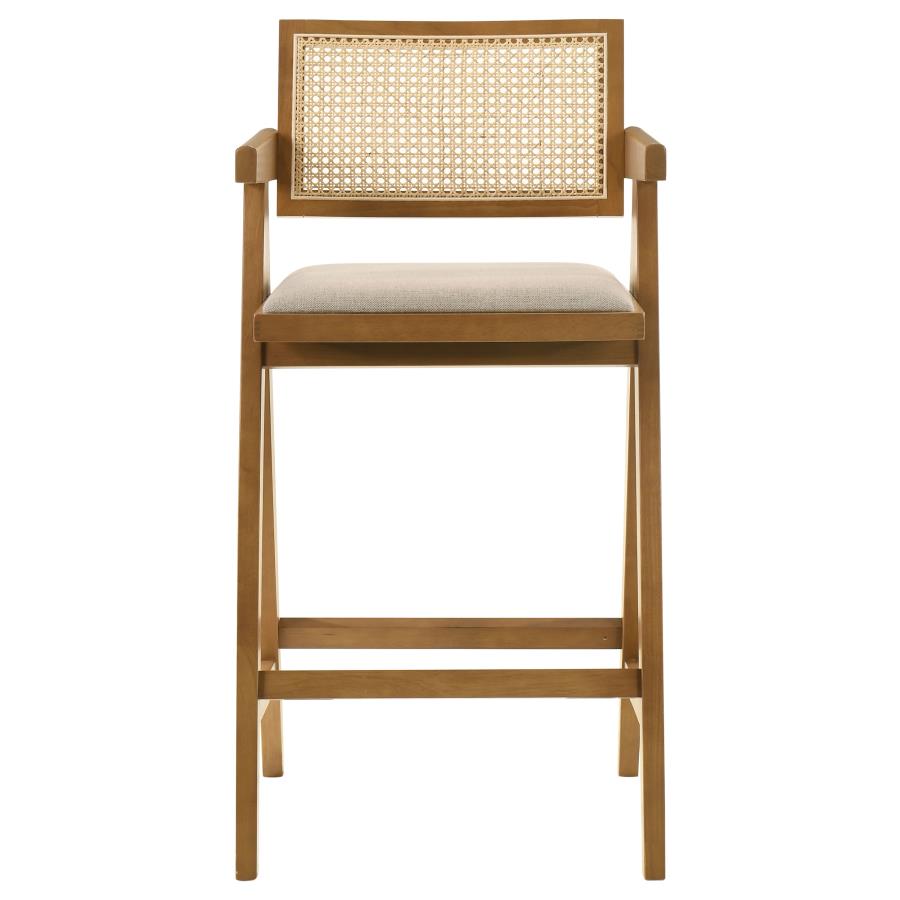 CoasterElevations Kane Solid Wood Bar Stool With Woven Rattan Back And Upholstered Seat Light Walnut (Set Of 2)