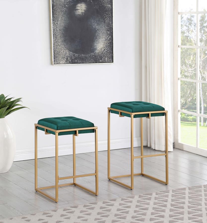 CoasterEveryday Nadia Square Padded Seat Bar Stool (Set Of 2) Hunter Green And Gold