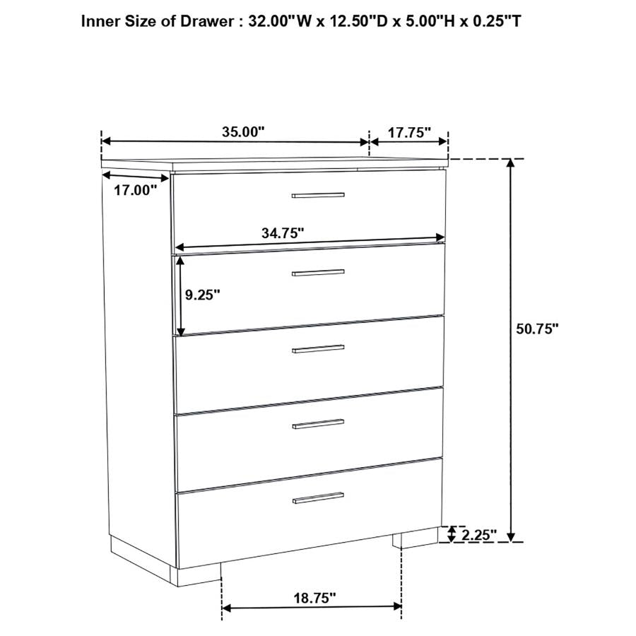 CoasterEssence Felicity 5-Drawer Chest Glossy White