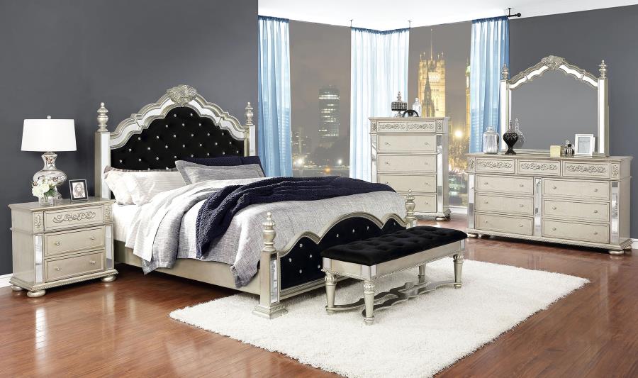 CoasterEssence Heidi Queen Upholstered Poster Bed Metallic Platinum