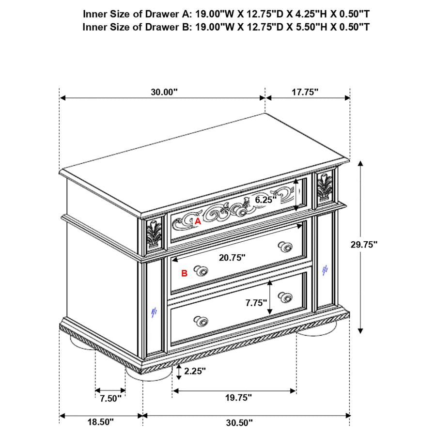 CoasterEssence Heidi 3-Drawer Nightstand Metallic Platinum