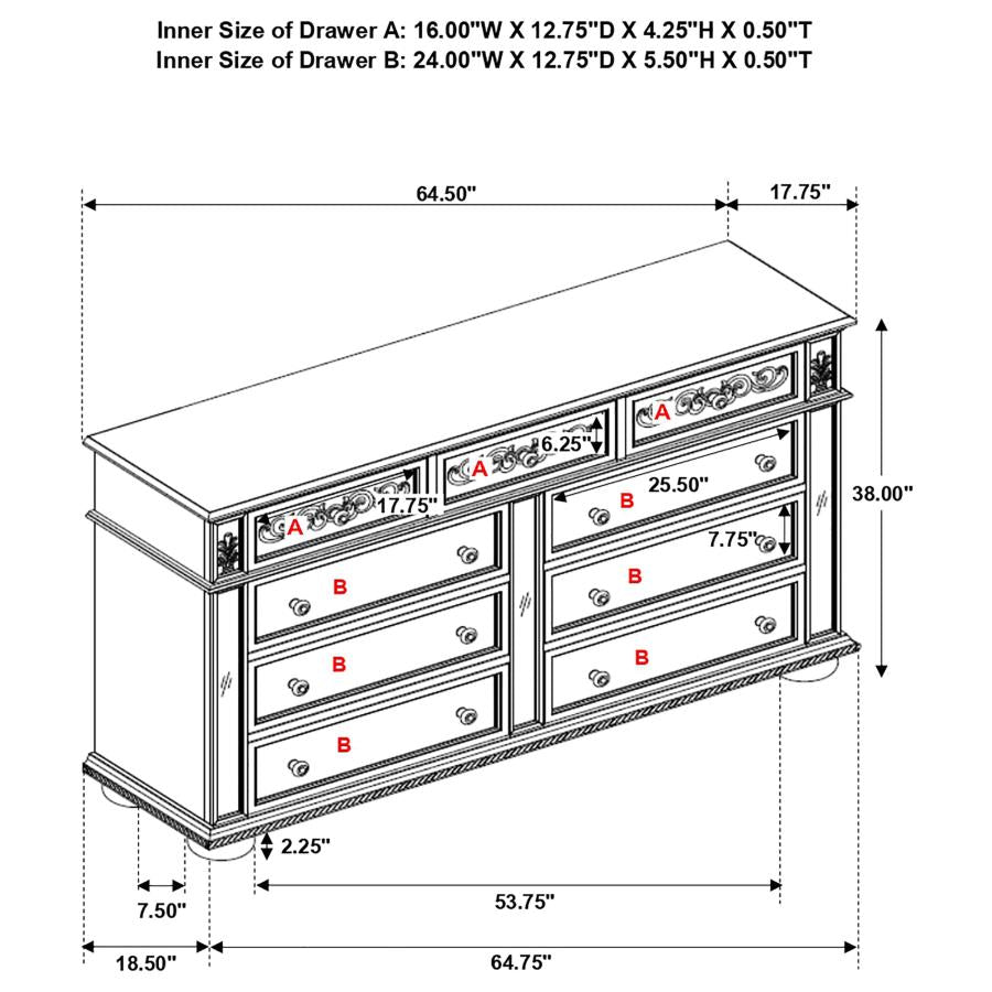 CoasterEssence Heidi 9-Drawer Dresser Metallic Platinum