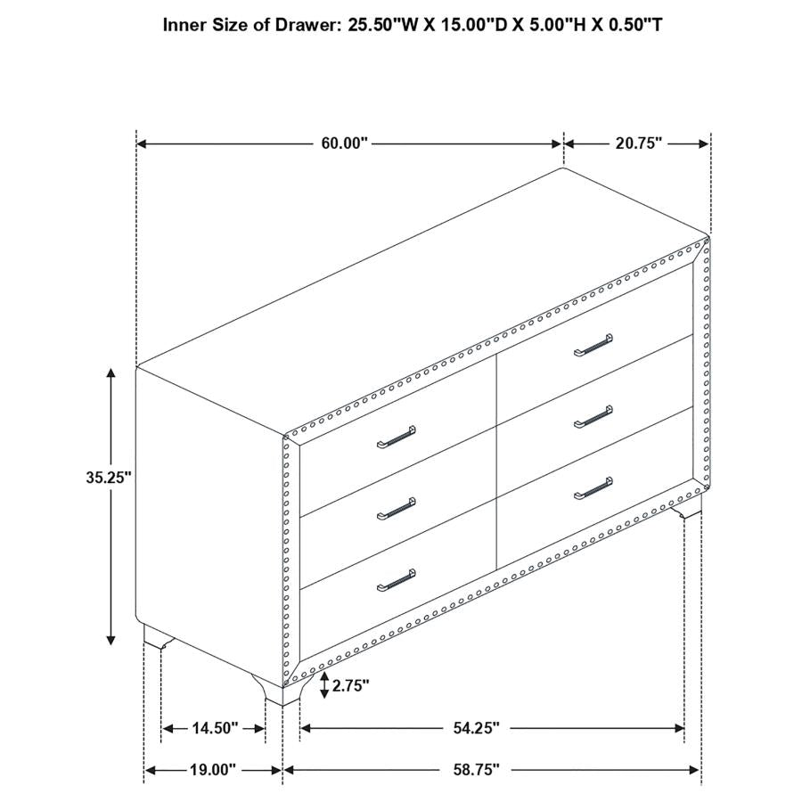 CoasterEveryday Melody 6-Drawer Upholstered Dresser Grey