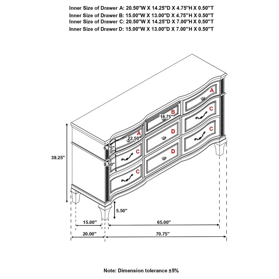 CoasterElevations Evangeline 9-Drawer Dresser Silver Oak