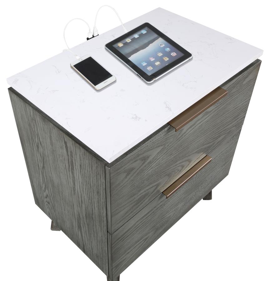 Nathan 2-Drawer Nightstand With USB Port White Marble And Grey