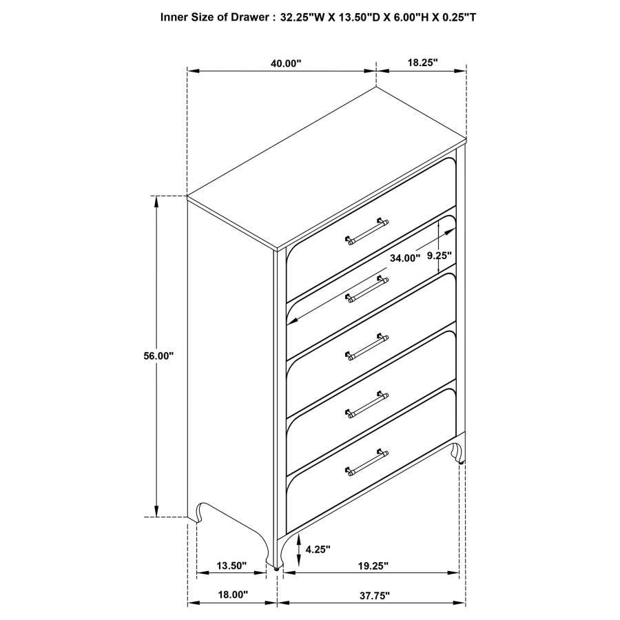 Anastasia 5-Drawer Bedroom Chest Pearl White