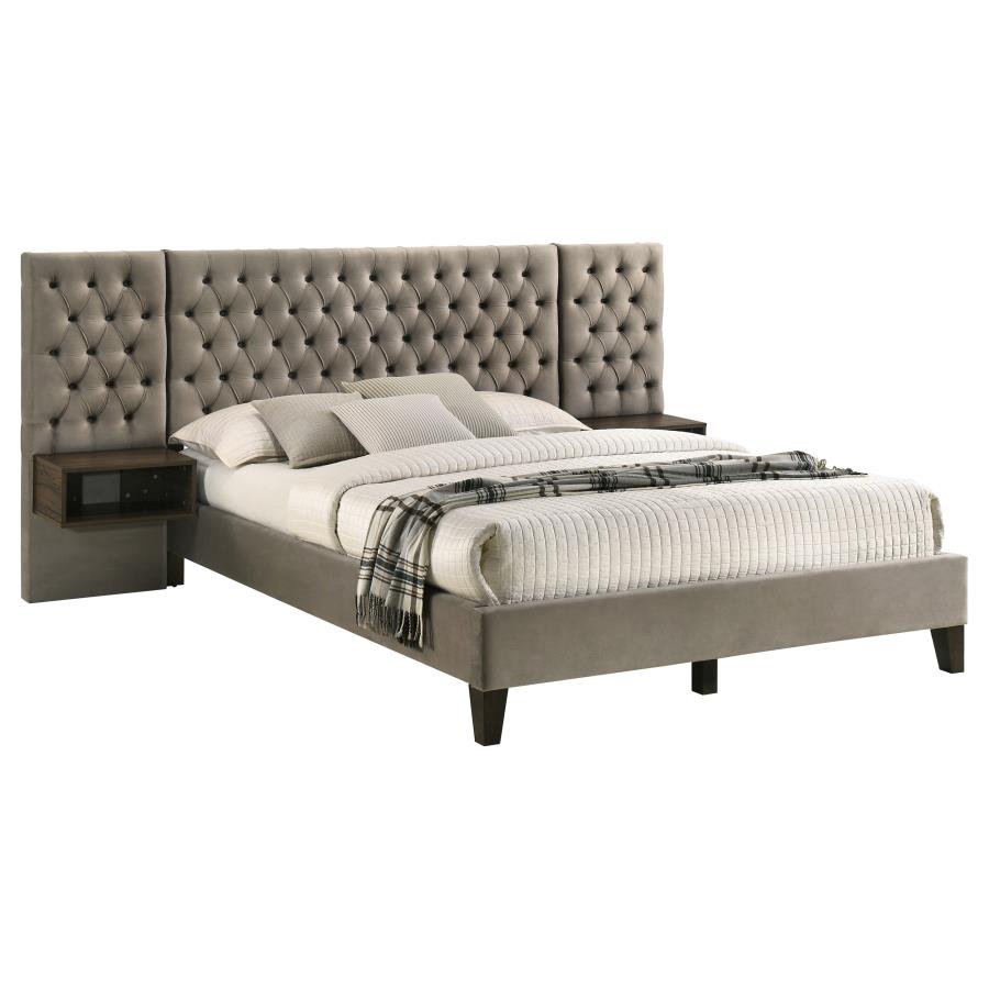 Marley Upholstered Platform Bed With Headboard Panels Light Brown